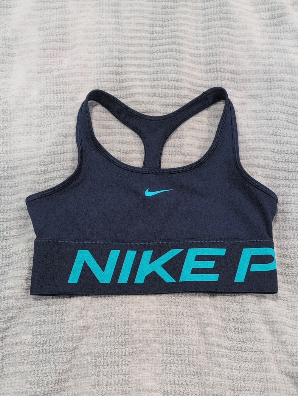 Nike Teen Medium Navy Sports Bra with Teal Logo and Band